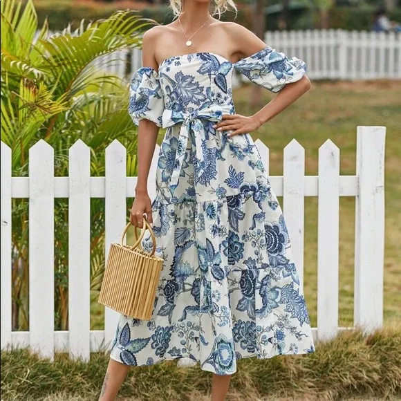 Boho Gypsy Floral Bardot Belted Ruffle Hem Dress - Picture 5 of 7